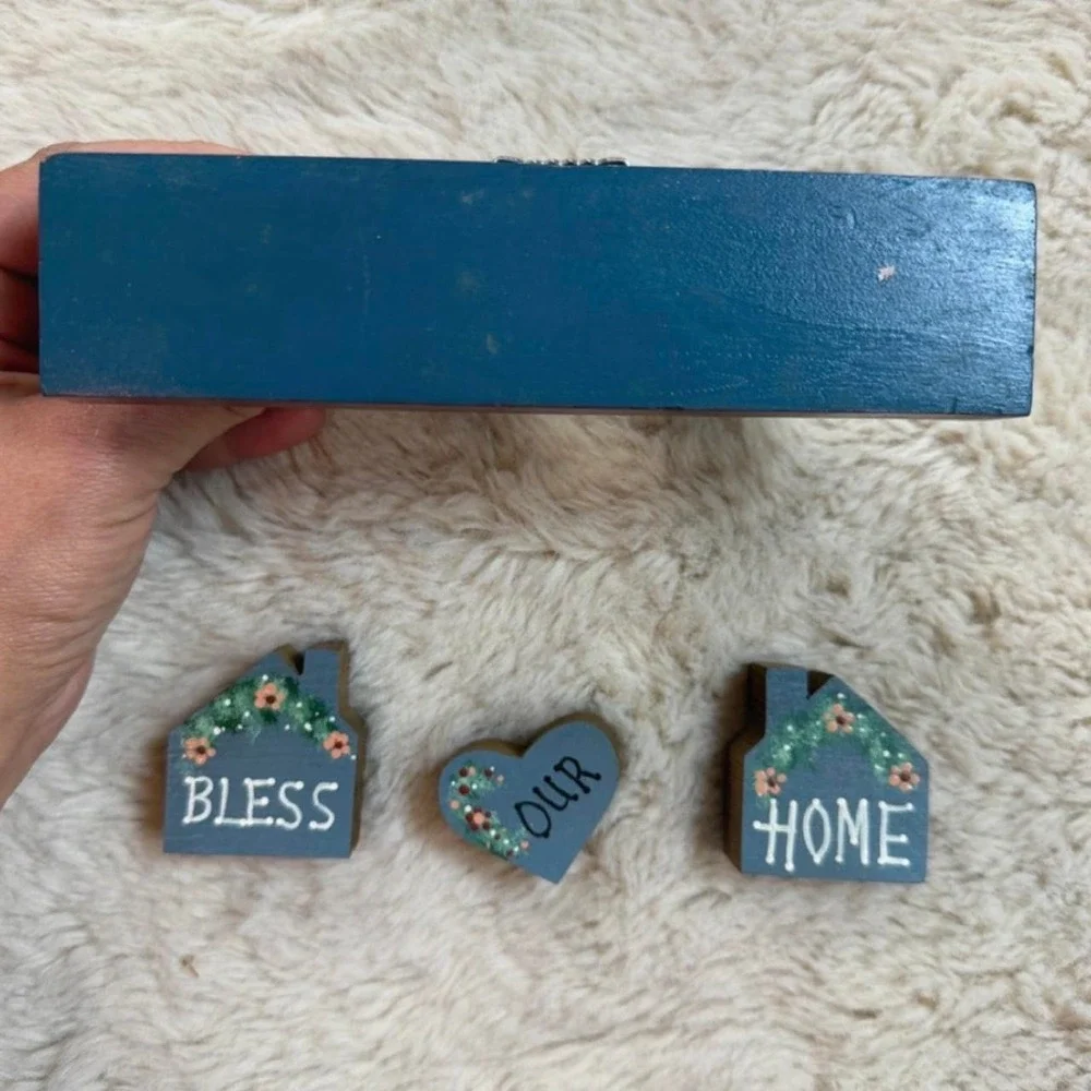 Vintage hand painted Bless Our Home Shelf with Heart Cutout and Wooden Signs